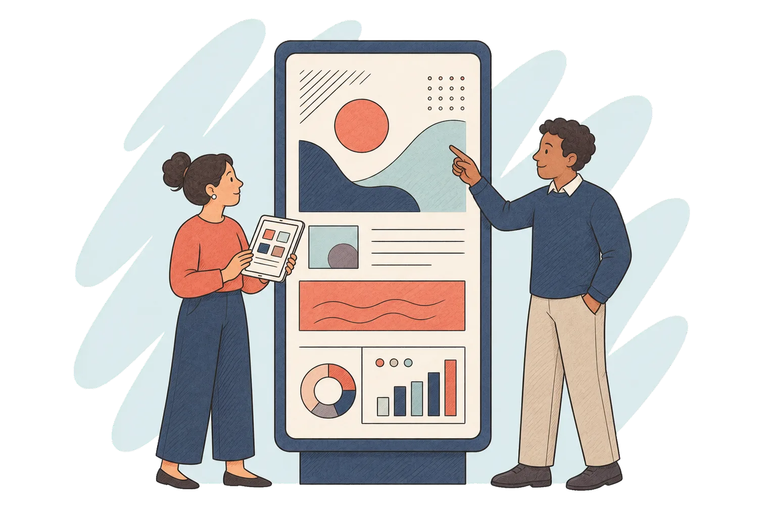 Two colleagues creating purposeful content for a digital signage display