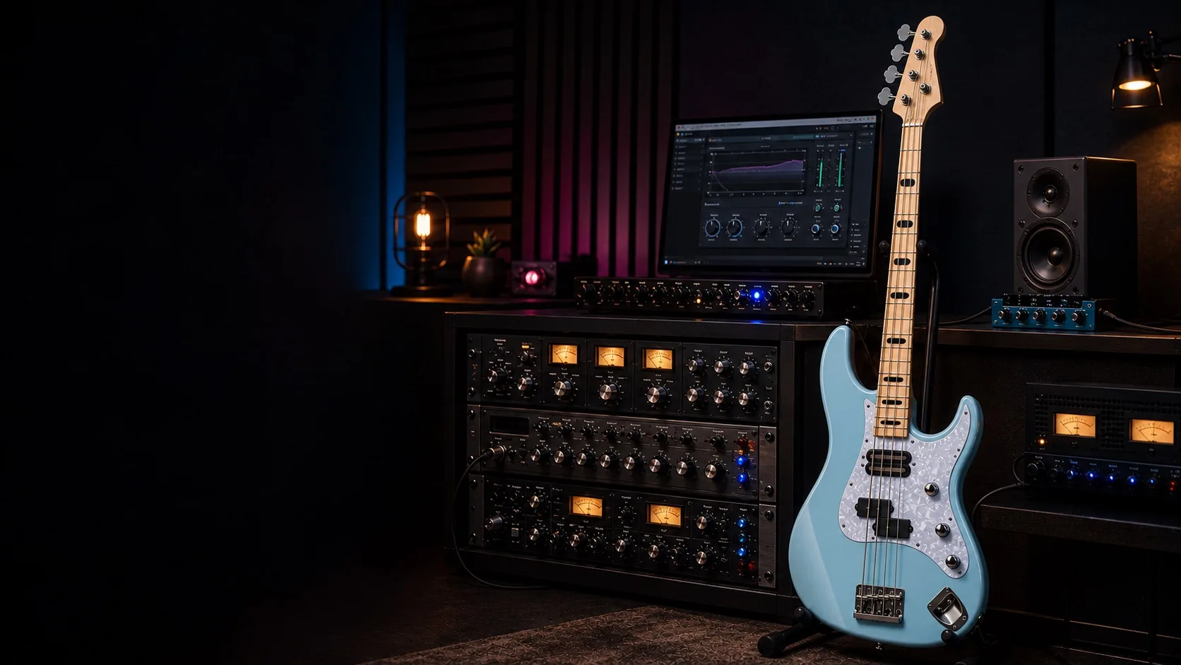 A studio bass rig with analogue processors and Optymyse Audio software