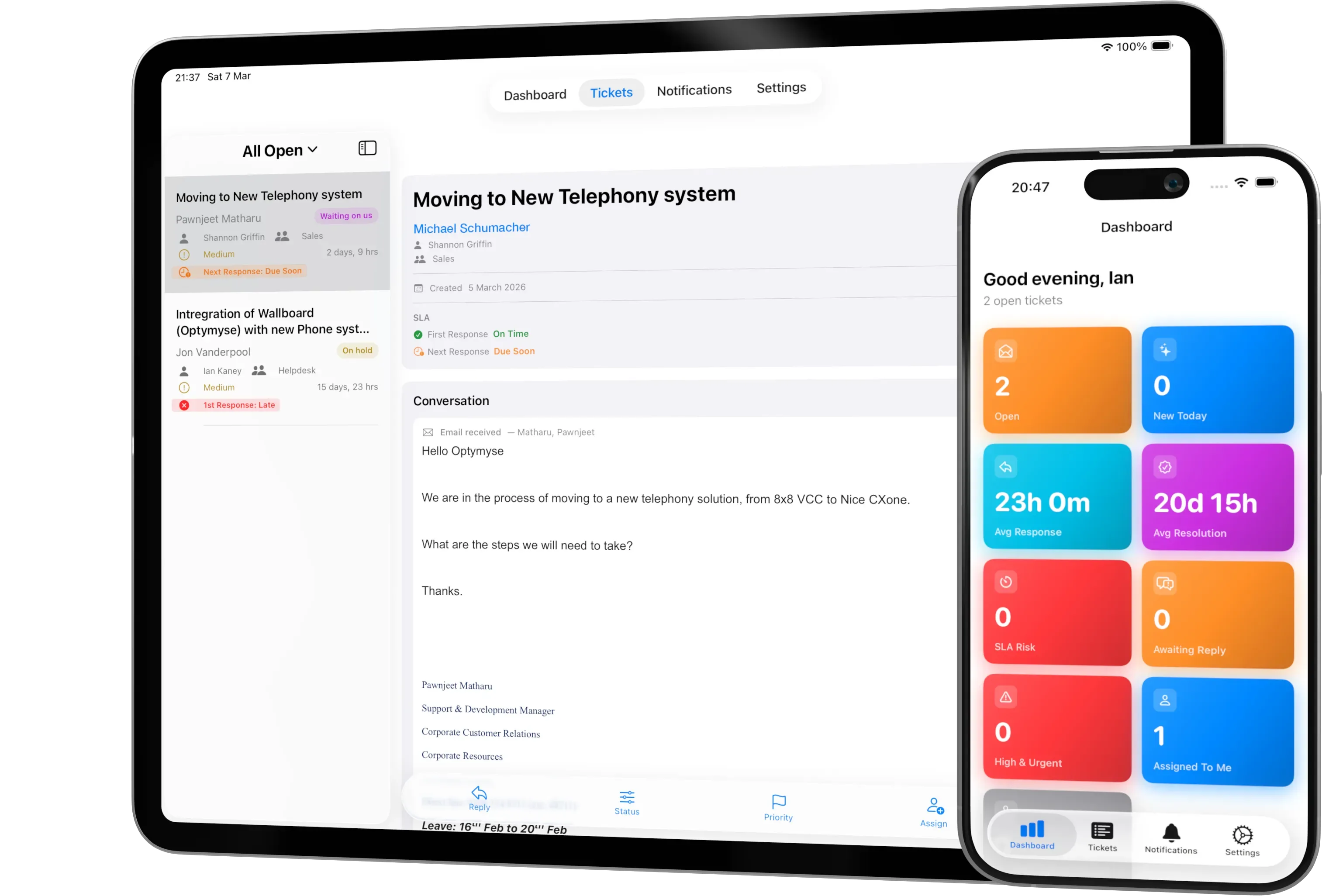 Servicefront showing HubSpot Help Desk tickets across iPad and iPhone